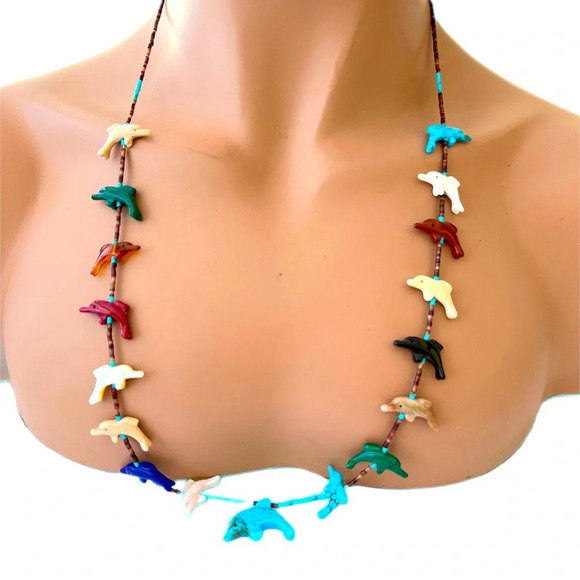 Zuni/Navajo Dolphin Fetish Necklace.  Beautiful mixed colors of dolphins. - Picture 1 of 5